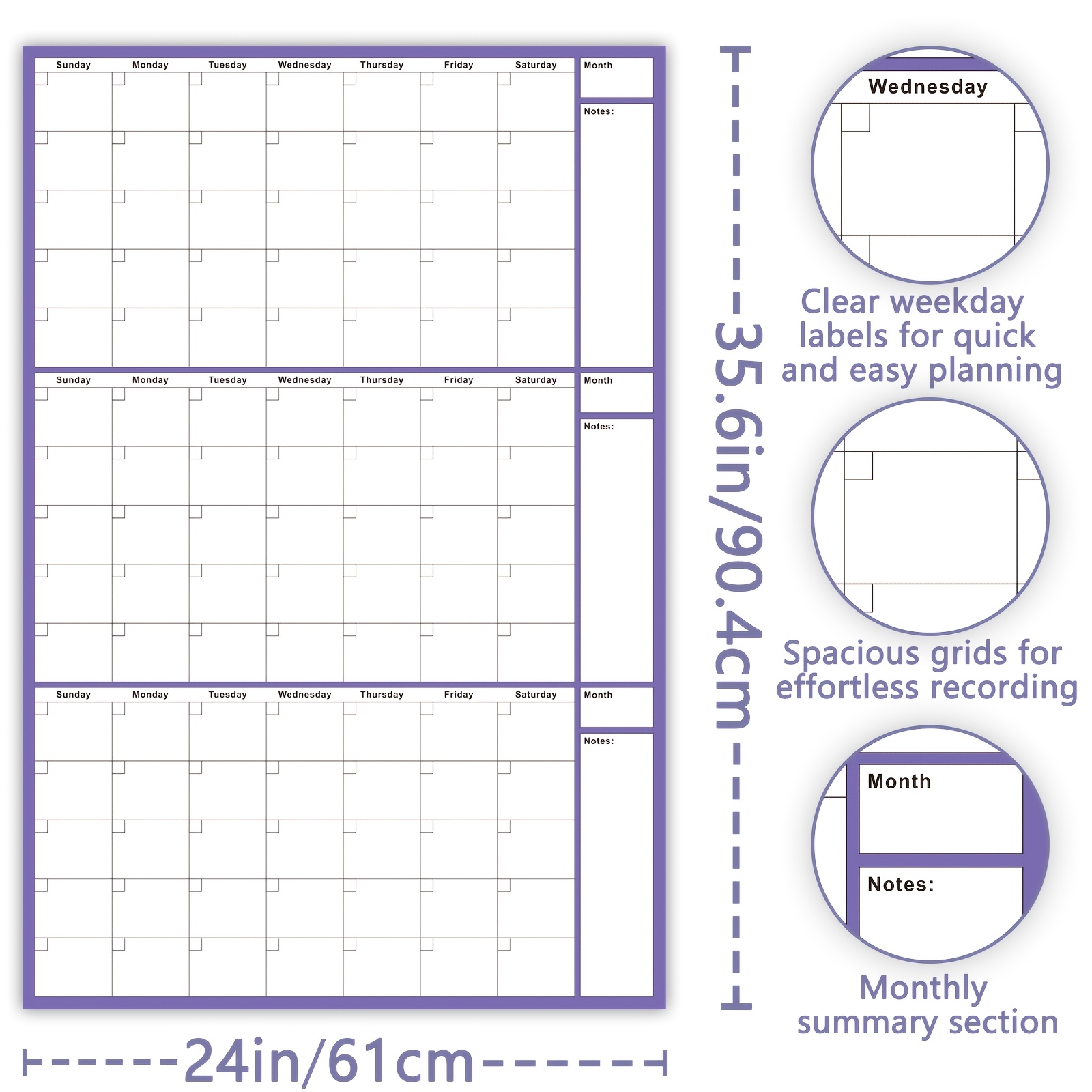 TEMU Three-month Dry Erase Calendar | 35.6×24 Inch Undated Planner | Daily Block Layout With Monthly Planning Section | Includes 4 Whiteboard Markers