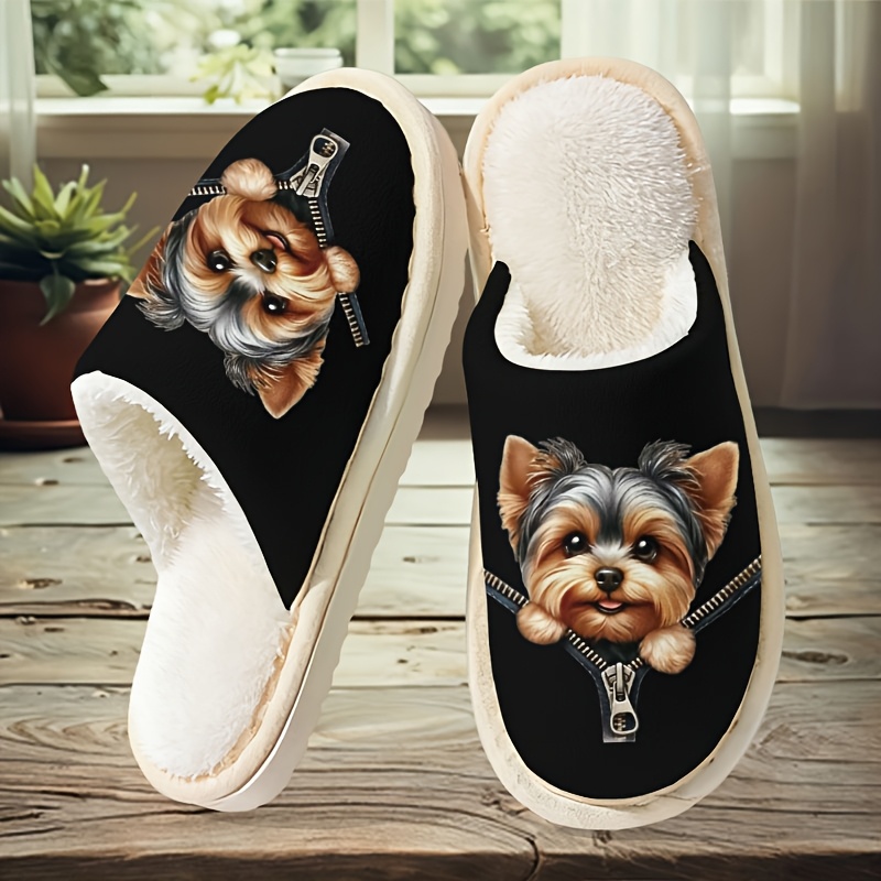 TEMU Cute Warm Slippers, Unisex Couple Style, -friendly , Autumn/winter Indoor House Slippers With , Yorkshire Terrier Puppy Peeking Out With Zipper,