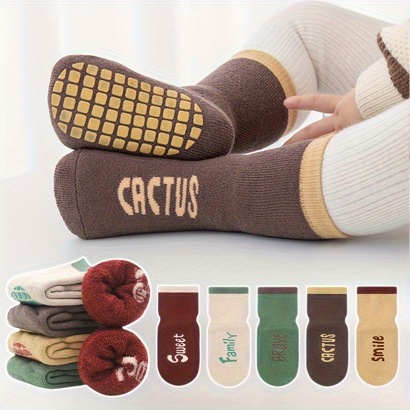 Image of 5 Pairs Thickened Terry Socks Set, Warm And Soft Winter Large Area Glue Baby Towel Socks, Baby Anti-slip Lace Letter Terry Trampoline Socks, Pure Socks