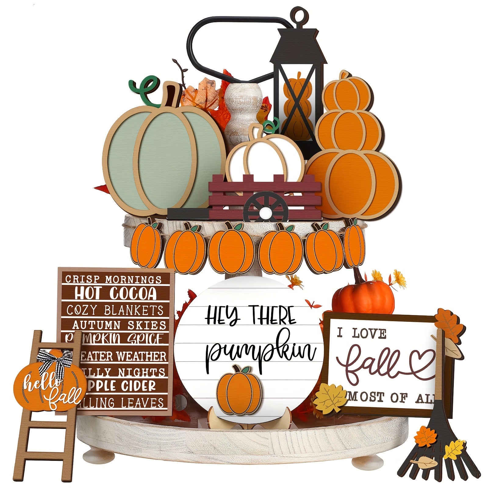 TEMU 1 Set Thanksgiving Fall Tiered Tray Decor Set - Autumn Pumpkin Leaves Rustic Farmhouse Decorative Trays - Wooden Tabletop Signs For Home Kitchen (rustic Style)