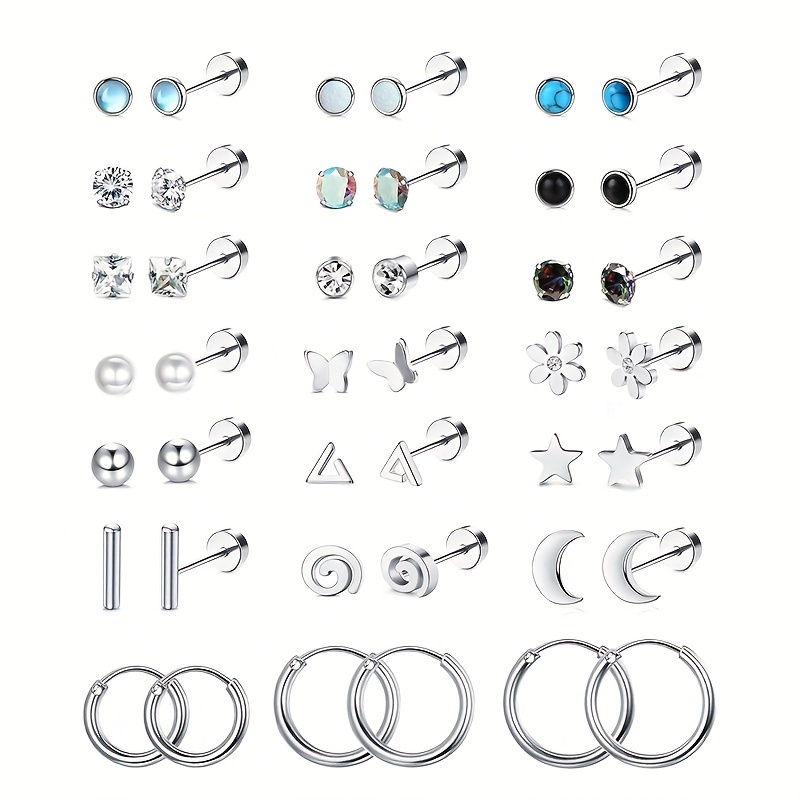 Image of Set Of 21 Pairs Of Earrings Made From Surgical Stainless Steel, Featuring Flat That Are Hypoallergenic, With A 20g Screw Back Suitable For Stacking In Cartilage Piercings