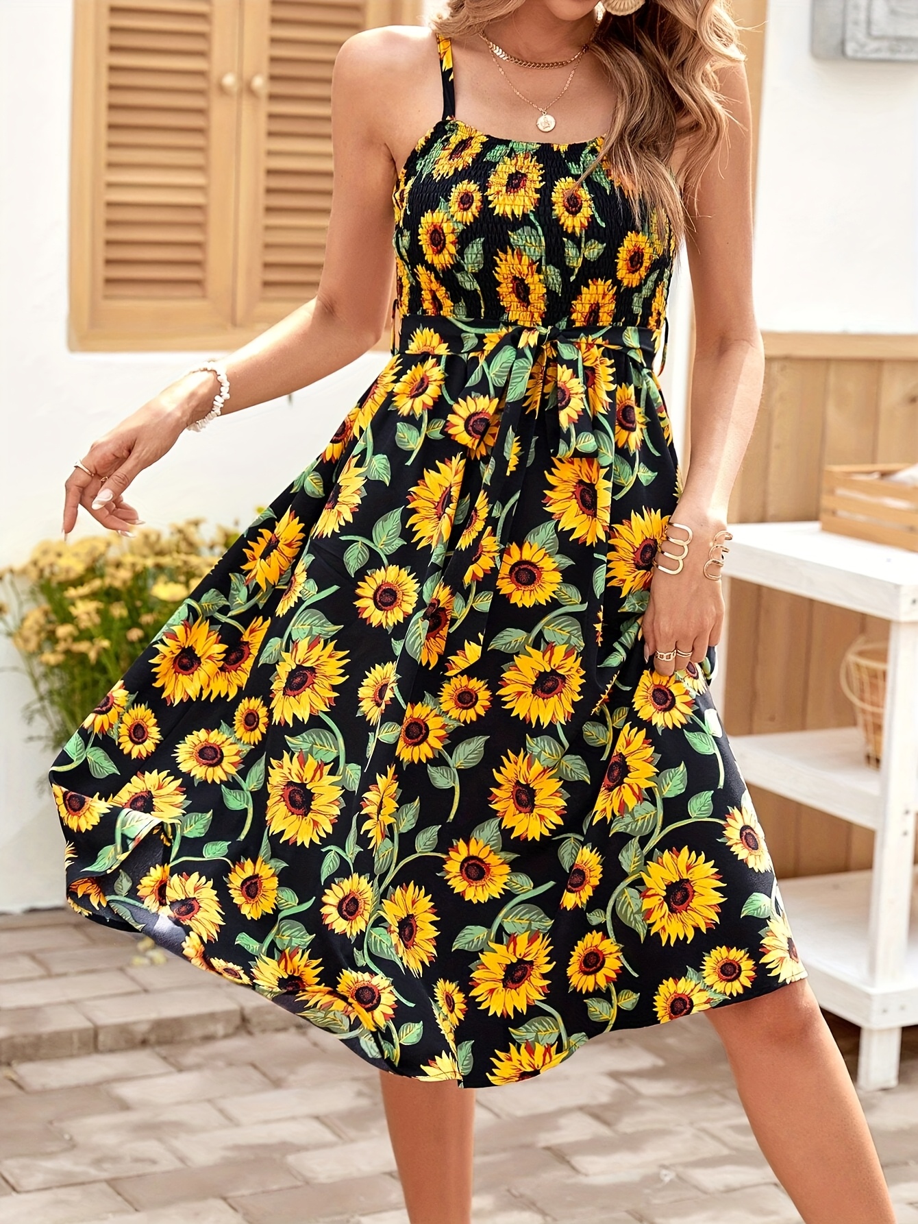 【新品タグ付き】 Sunflower-Printed Midi Dress XS SXAURA Women's V-Neck Short Sleeve Sunflower Print Dress