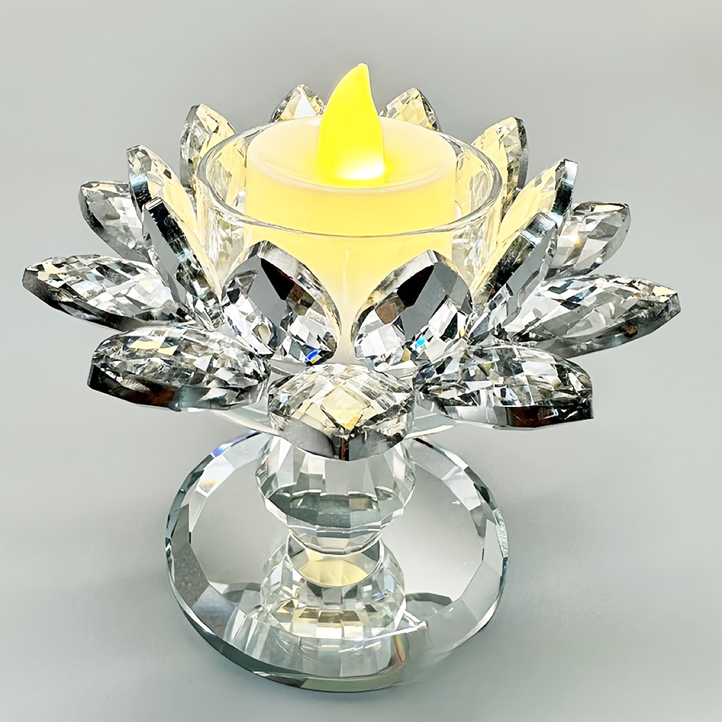 

1pc Elegant Crystal Lotus Candle Holder - Floral Themed Butter Lamp With Silver Plated - Romantic Decorative Candlestick For Home