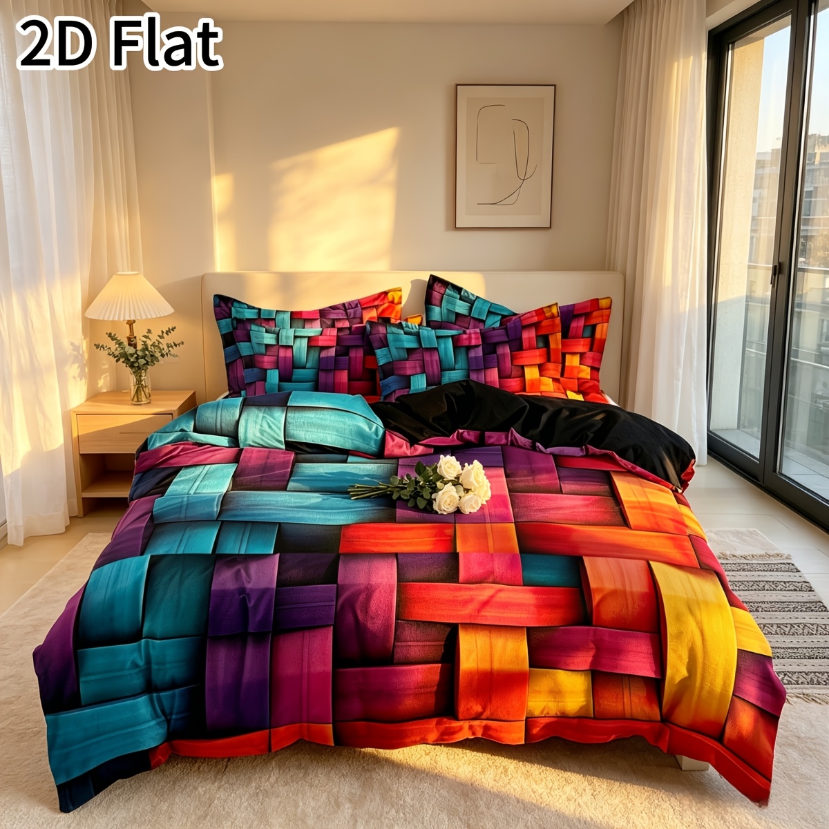 TEMU 3pcs Colorful Geometric Plaid Quilt Cover Set Soft Comfortable Breathable Polyester, Hd Checked Printed -season, Machine Washable, (1 X Duvet