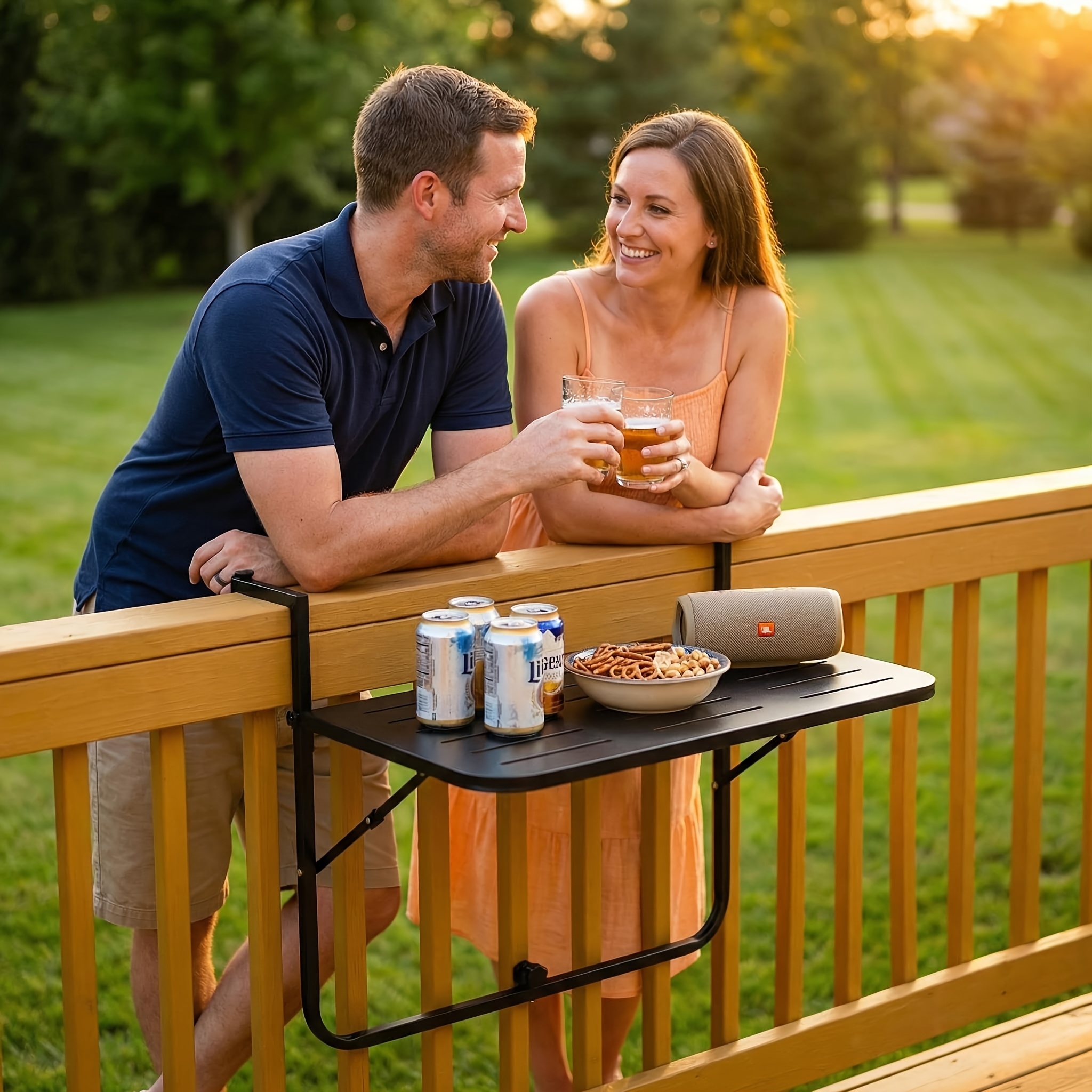 Balcony Railing Table, Outdoor Folding Hanging Table with Adjustable Heights, Heavy Duty Metal Hanging Bar Table for Patio, Garden and Deck