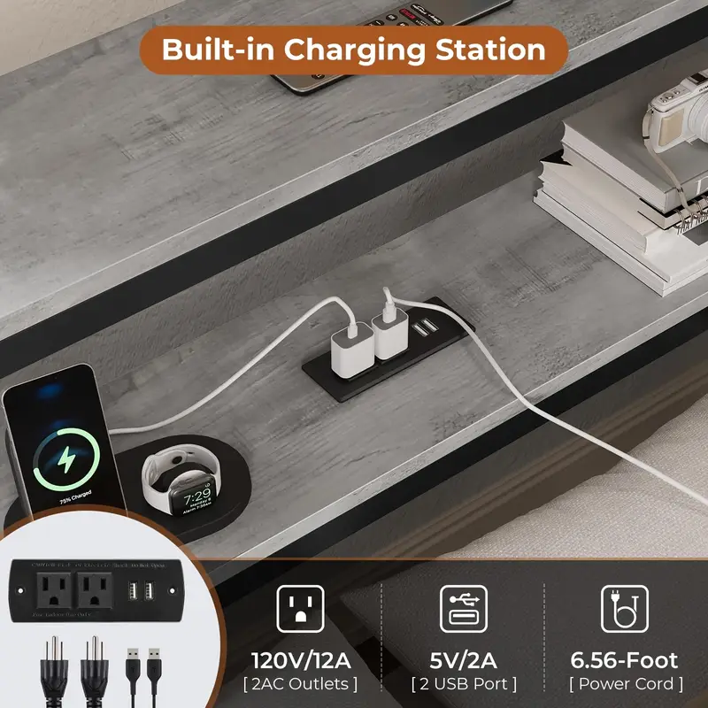 corner sofa bed with 2 storage drawers and charging station with hidden storage metal platform bed sofa bed with shelves for living room bedroom oak grey Product details 0