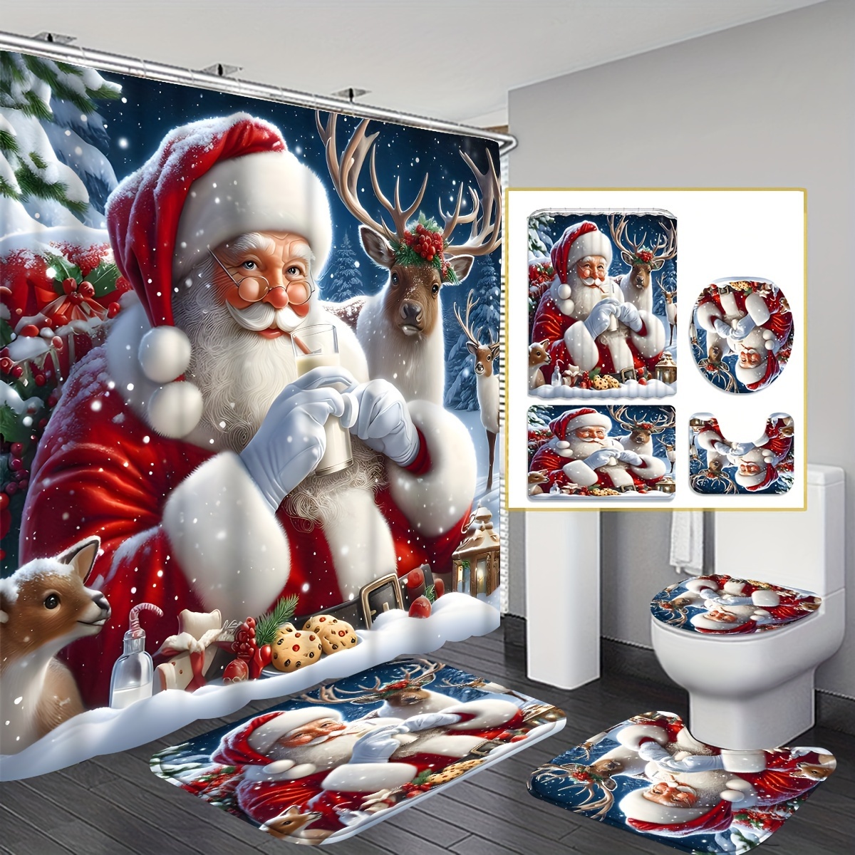 

4-piece Set Of Christmas Digital Print Shower Curtain Decoration, Exquisite Housewarming Gift Modern Home Décor, Waterproof Shower Curtain And Toilet Mat Three-piece Set With 12 Shower Curtain Hooks