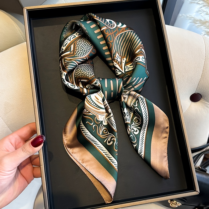 Vintage Golden-foil Printed Square Scarf, 27.5 Inches, Unisex Fashion Accessory, Versatile Use As Headscarf, Shawl, Or Neckerchief, Suitable For