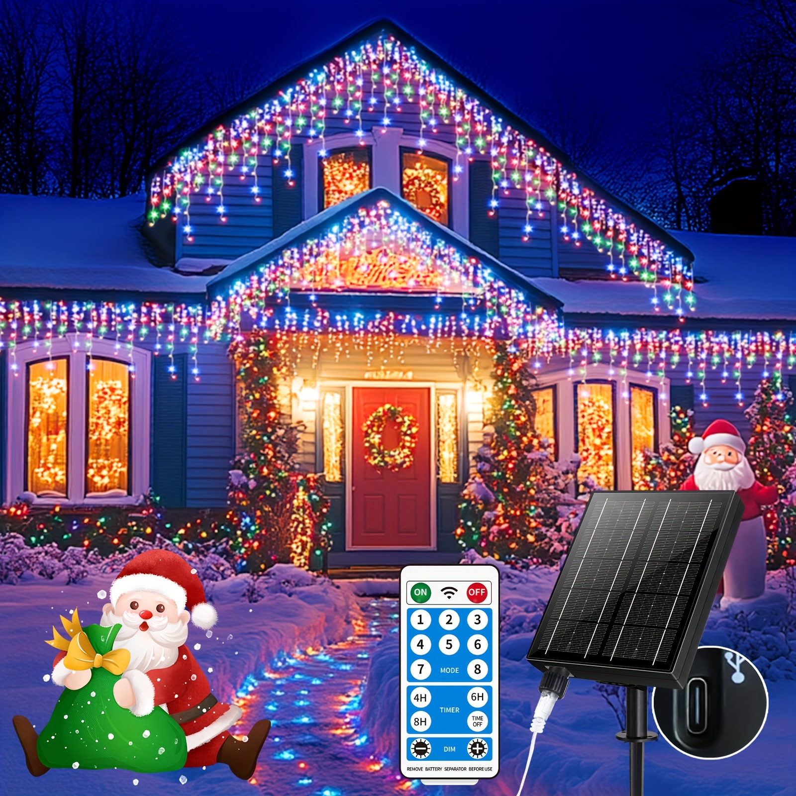 

Solar Icicle Lights 76.4ft 600led 2400ma Outside Christmas String Lights Usb Rechargeable 8 Remote Lights For House Roof Party Wedding