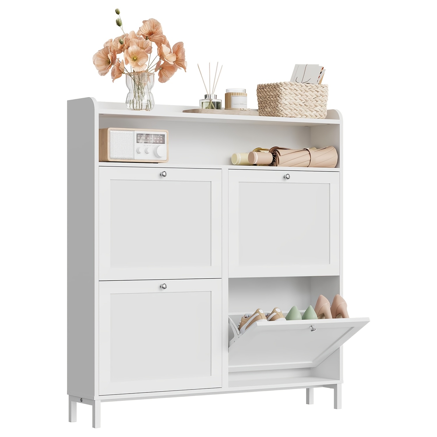Image of 1pc Shoe Cabinet With 4 Flaps, Shoe Rack With Metal Round Handle, , Space- & , For 8-9 Pairs Of Shoes, Scratch-resistant, Made Of Wood, 100 X 107 X 19.5 Cm