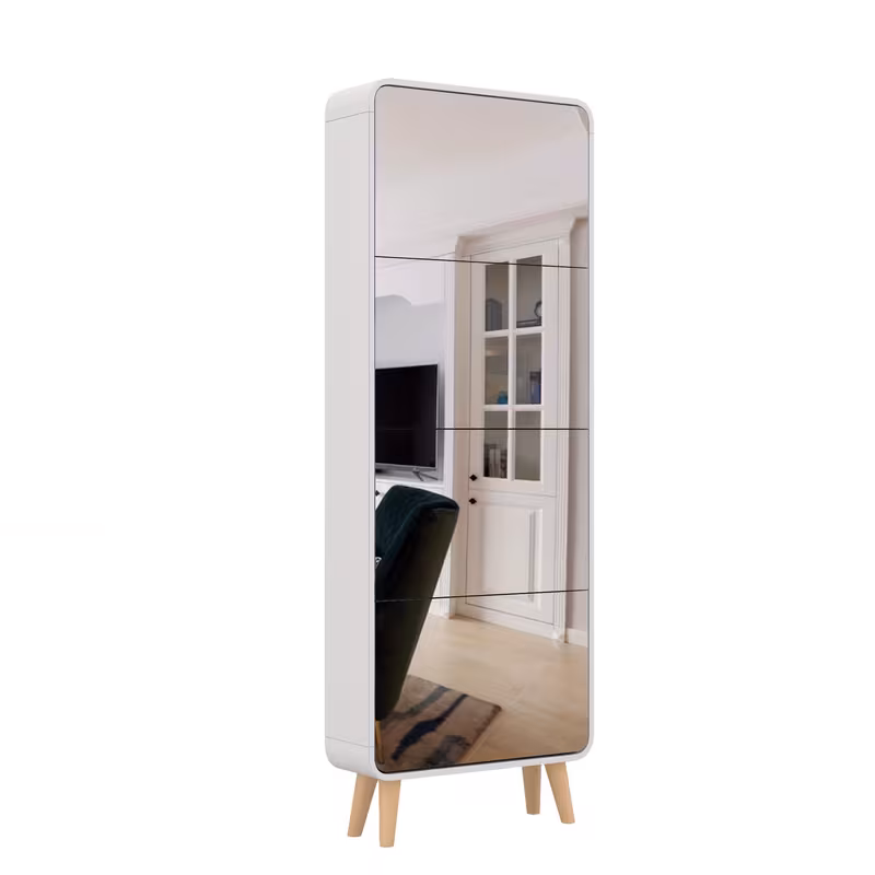 your entryway 4 drawer mirrored shoe cabinet space saving narrow organizer with flip lids wood legs hidden storage for up to 16 pairs of shoes modern Product details 4