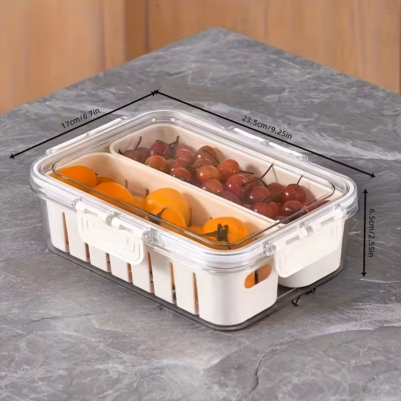 1pc stackable refrigerator storage box with lid and drain basket 2 4 transparent compartments reusable produce saver for and fruits kitchen organizer bin hand wash only plastic material rectangular shape vegetable storage stackable container clear lid feature kitchen organizers and storage details 6