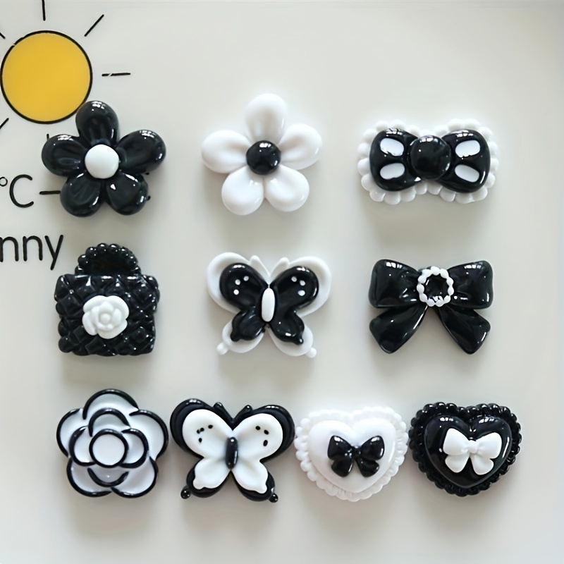 

Random 10pcs Black And White Small Fragrance Bow Flower Series Resin Stickers Suitable For Festival Diy Ornaments, Mobile Phone Cases, Shoes, Clothes, Bags, Crafts And Decorations