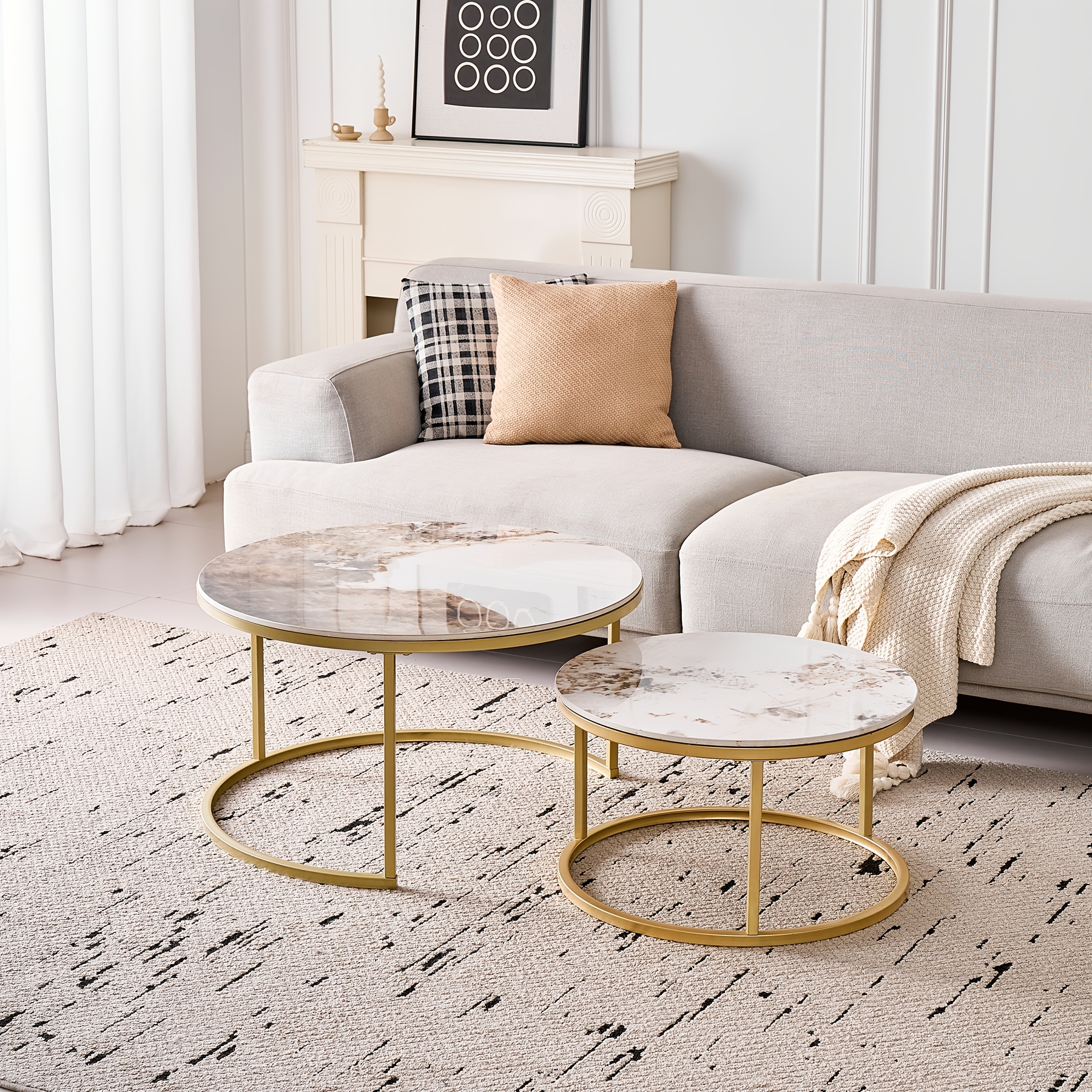 Image of Egoonm 2pcs Nesting Coffee Table With Porcelain Slab Tabletop (not Mdf), Industrial End Table Side Tables For Living Room, Bedroom, Balcony, Office, 70*70*45cm+50*50*35cm