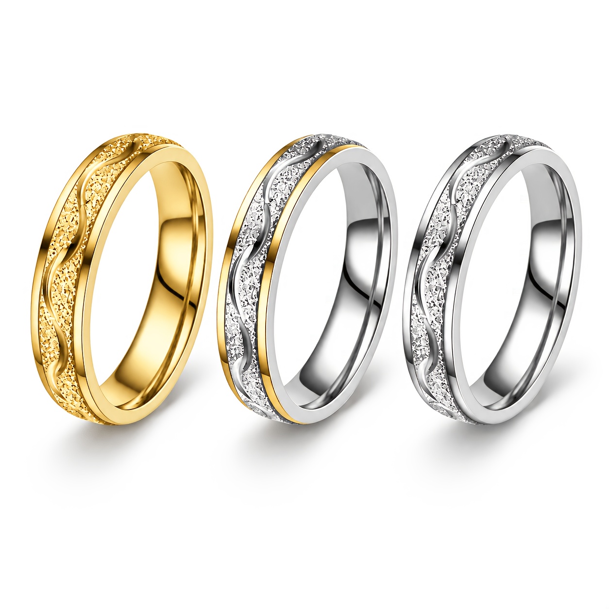 Women's 304 Stainless Steel Slim Band Ring, Engraved Wave Pattern