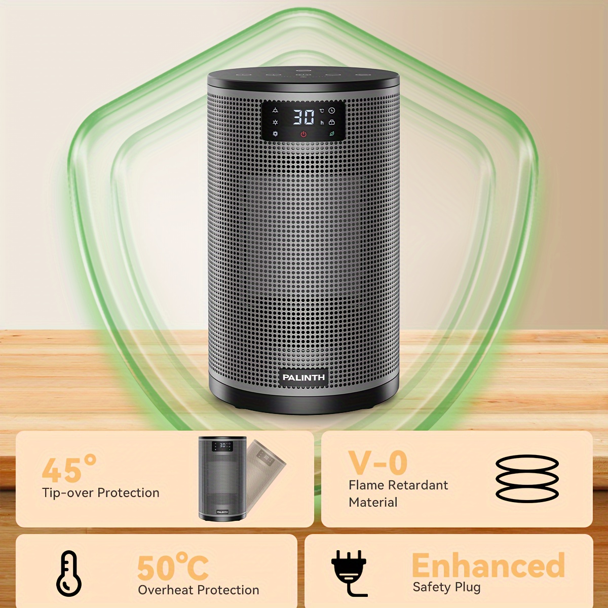 Portable PTC Ceramic Electric Heater 1500W, Fast Heating, Energy Efficient Compact Space Heater With 4 Heating And Air Circulation Modes, Overheat And Dump Protection, Touch Sensor Switch, 8-Hour Timer, Silent, For Home, Bedroom, Office