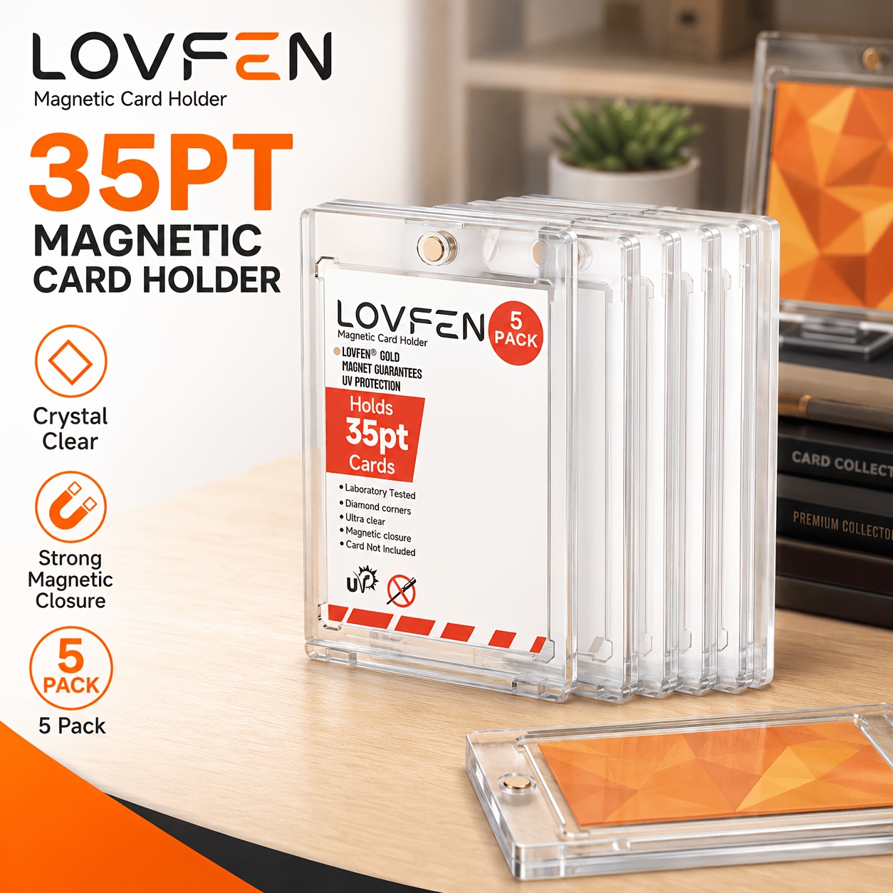 Image of Lovfen 5ct Magnetic Card Holders & Protectors - 35pt Hard Plastic Suitable For Sports Cards, Trading Cards, Baseball Cards With Magnetic Base & Display Box For Collectors, For,, Use, Card Boxes