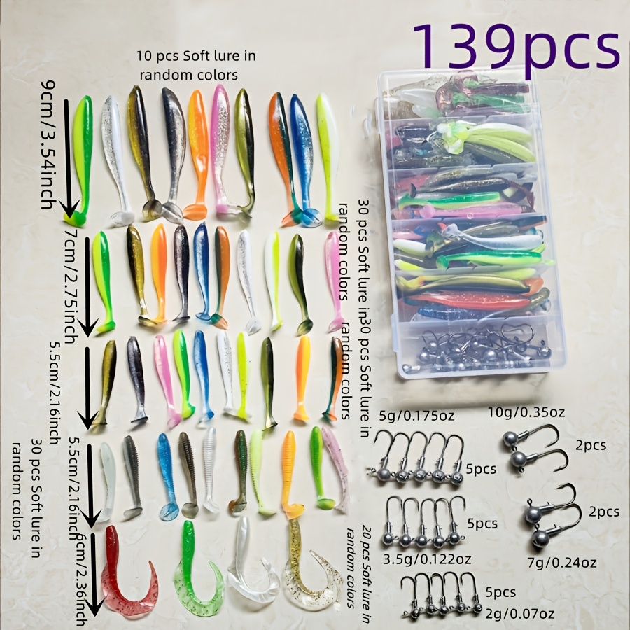 139pcs Soft Lure Fishing Bait + Jig Head Hooks Combo Set, Fishing Tackle Accessories