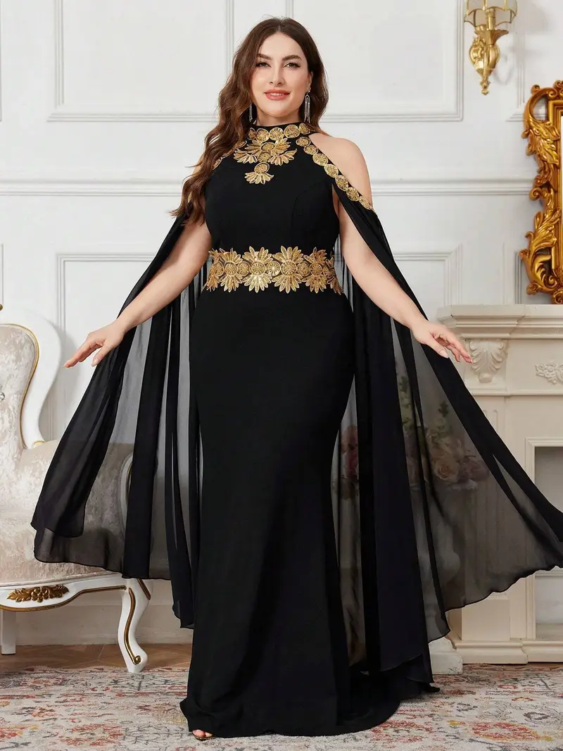 plus size elegant shoulder black gown golden beaded waist - Temu Mauritius plus size elegant shoulder black gown golden beaded waist - Temu Mauritius