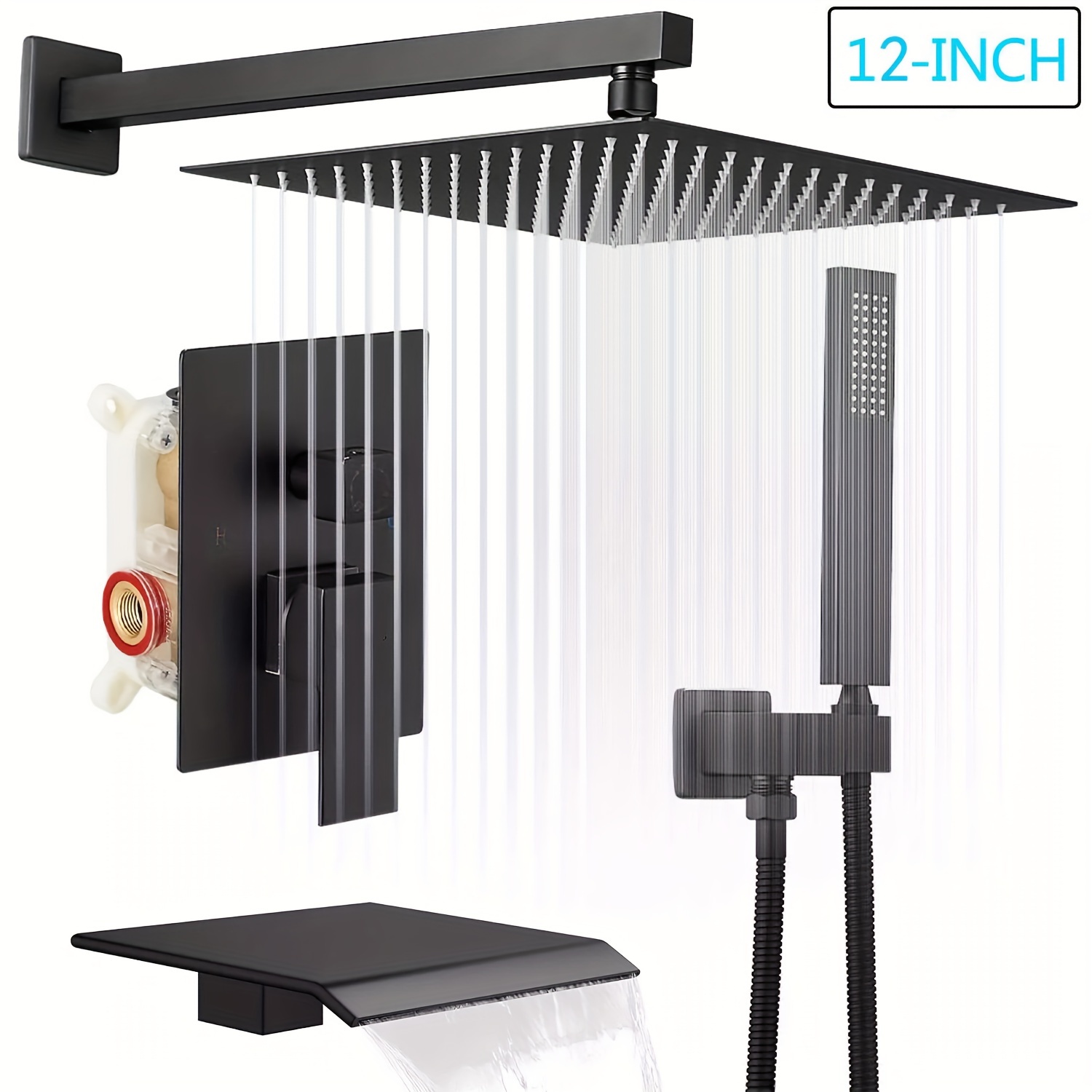 TEMU 1 Set Shower System, 12 Inch Square High-pressure Rain Shower Head, Bathroom Luxury Shower System Combo Set With Handheld Sprayer And Waterfall