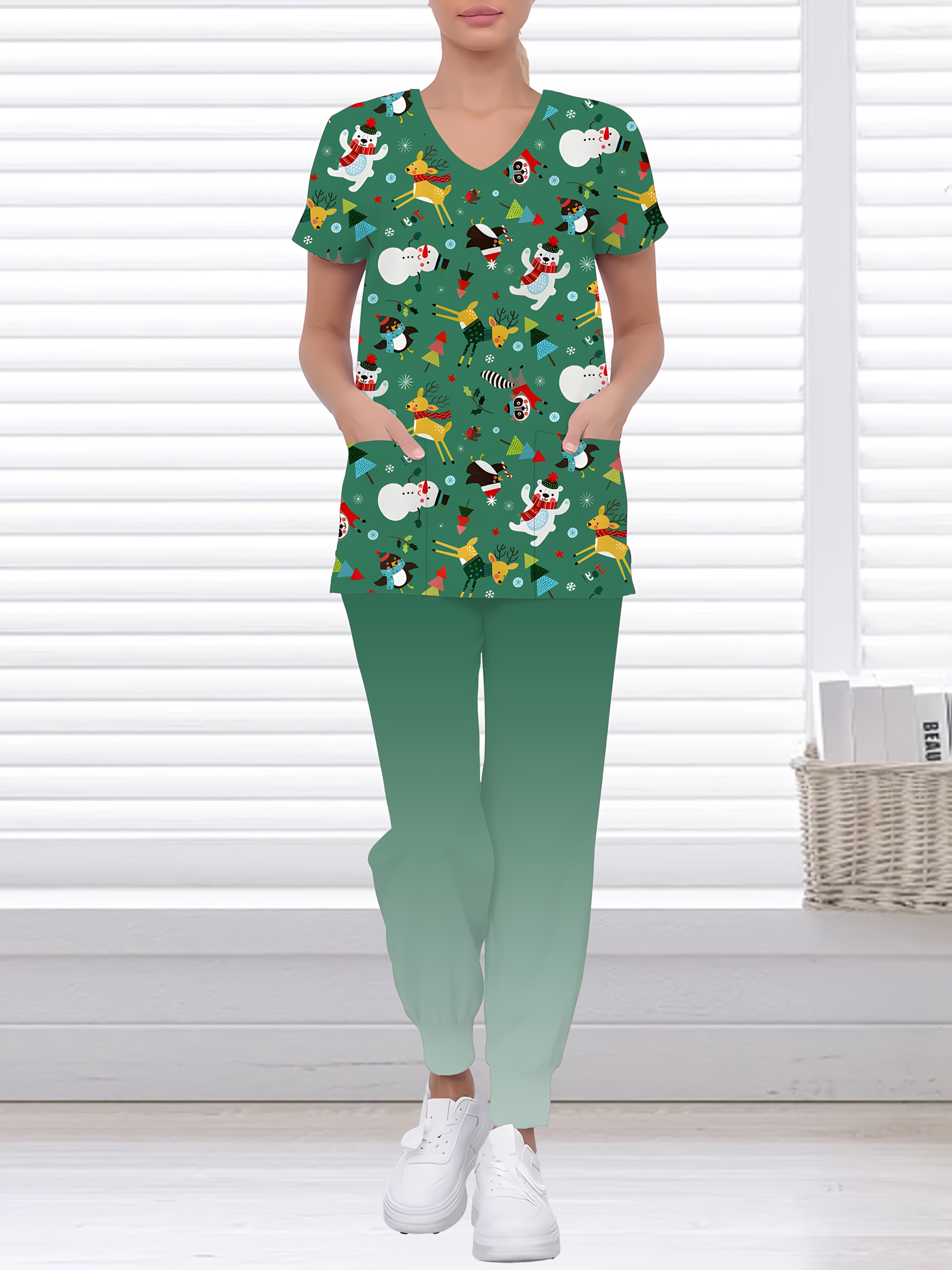 womens festive christmas reindeer print two piece set v neck short sleeve top with pockets matching pants comfortable   casual wear holiday casual wear festive print top stretchy fabric christmas clothes