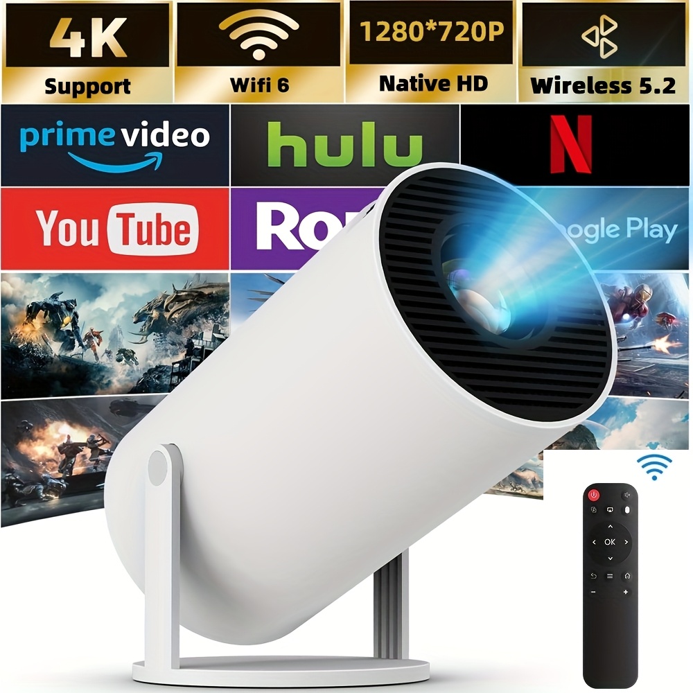 white 4k   portable projector with 5g wifi 6 wireless 5 2 8000   720p full hd native 130 180 adjustable auto keystone   11 os built in speaker compatible with ios   windows tv stick home theater device modern cylindrical design   lamp life