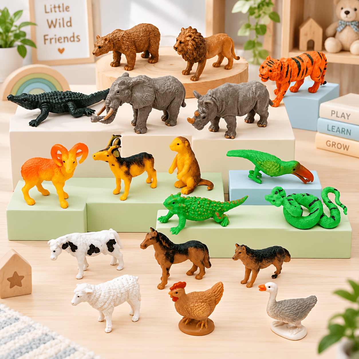 TEMU Ensemble de 18 figurines d'animaux réalistes, mini figurines d'animaux de , du et pour enfants, jouets éducatifs de jeu de rôle, collection de