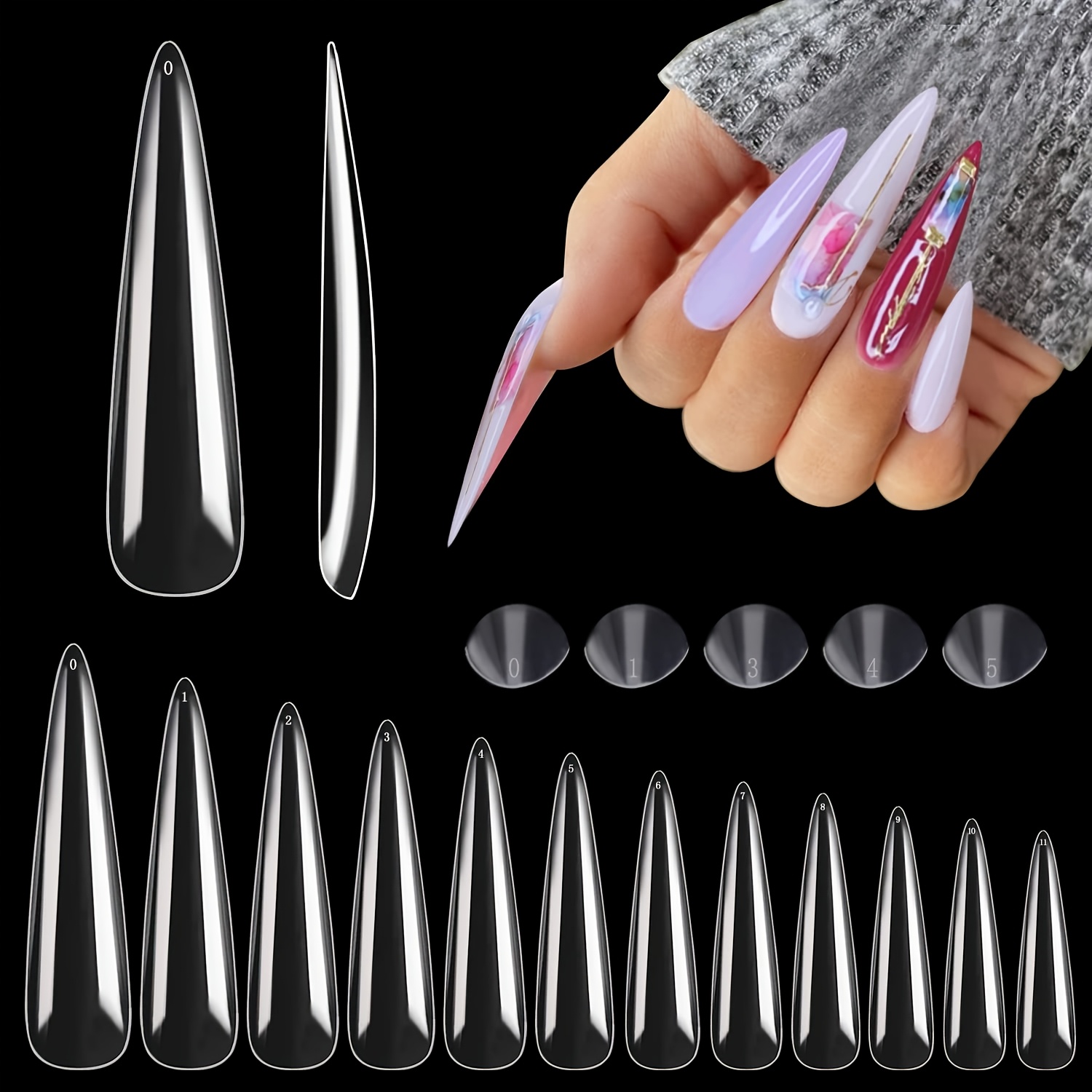 

240pcs Vicovi Xxxl Extra Long Clear Shaped Stiletto Nail Tips, Full Cover Acrylic Nails, 3xl Transparent Holographic Fake Nails For Diy Nail Art, 12 Sizes Pack