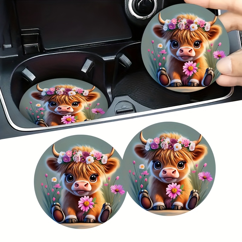 

2-pack Cute Highland Cow Floral Car Cup Holder Coasters, 2.75 Inch Non-slip Eva Drink Mats, Universal Vehicle Interior Accessories, Ideal Gift For Men And Women