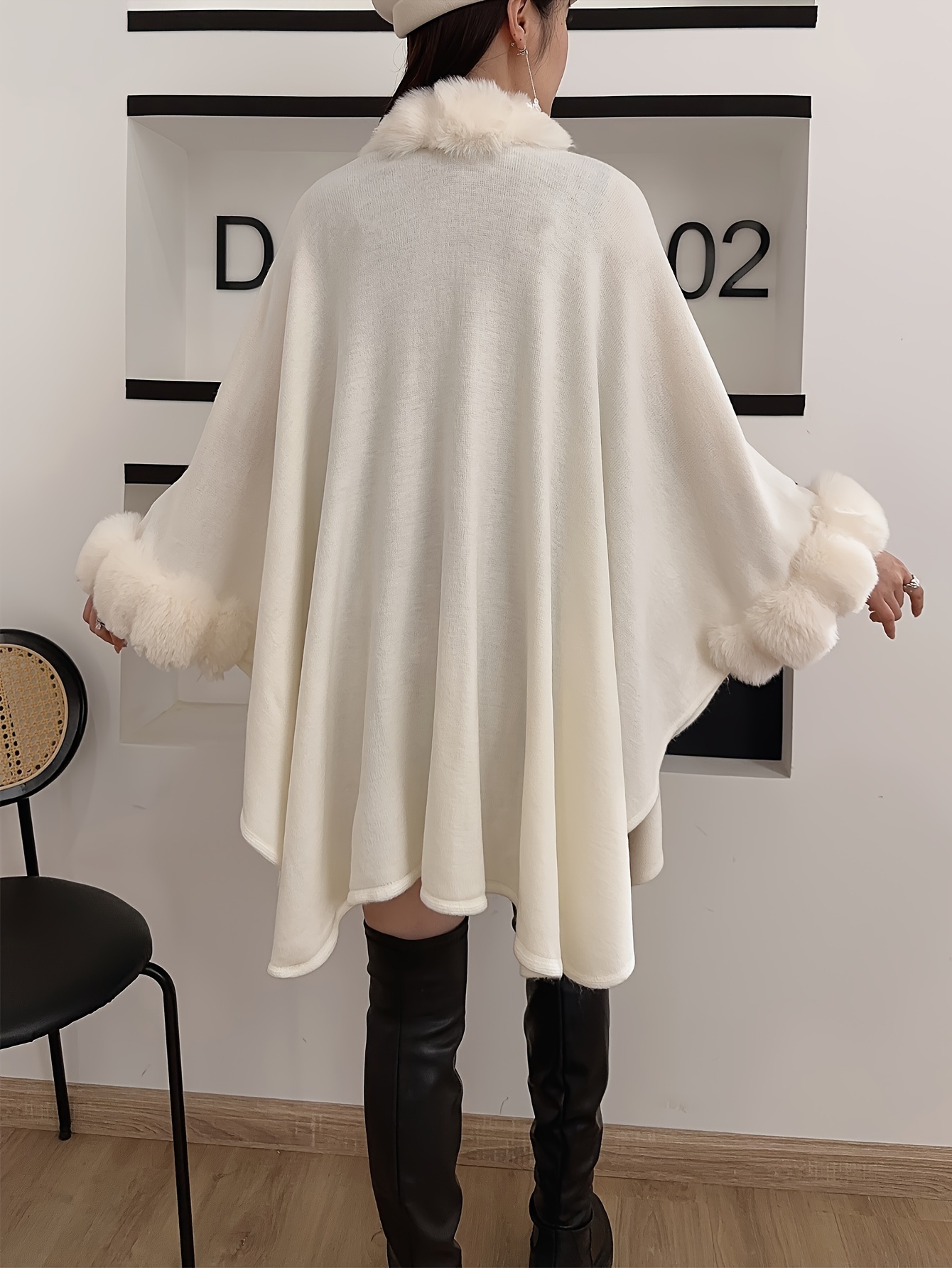 Plus Size Fuzzy Trim Solid Cape Coat Elegant Open Front Temu United Kingdom