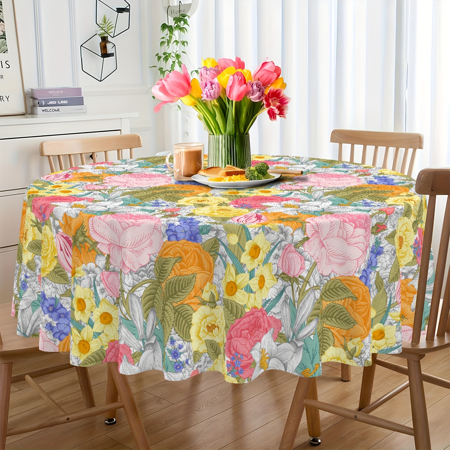 TEMU Elegant Floral Polyester Tablecloth - Waterproof, Light Luxury Design For Spring/summer, Perfect For Dining & Living Room Decor