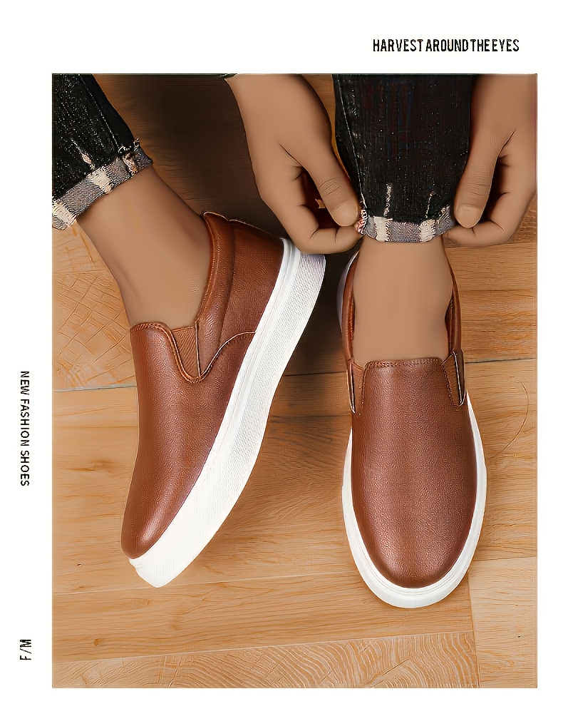Men's Slip-On Loafers Casual Sneakers - Slip-Resistant PVC Sole, Low-Top Round Toe, Breathable Fabric Lining & Cushioned Insole, All-Season Comfort - -like Upper Brown/White/Black