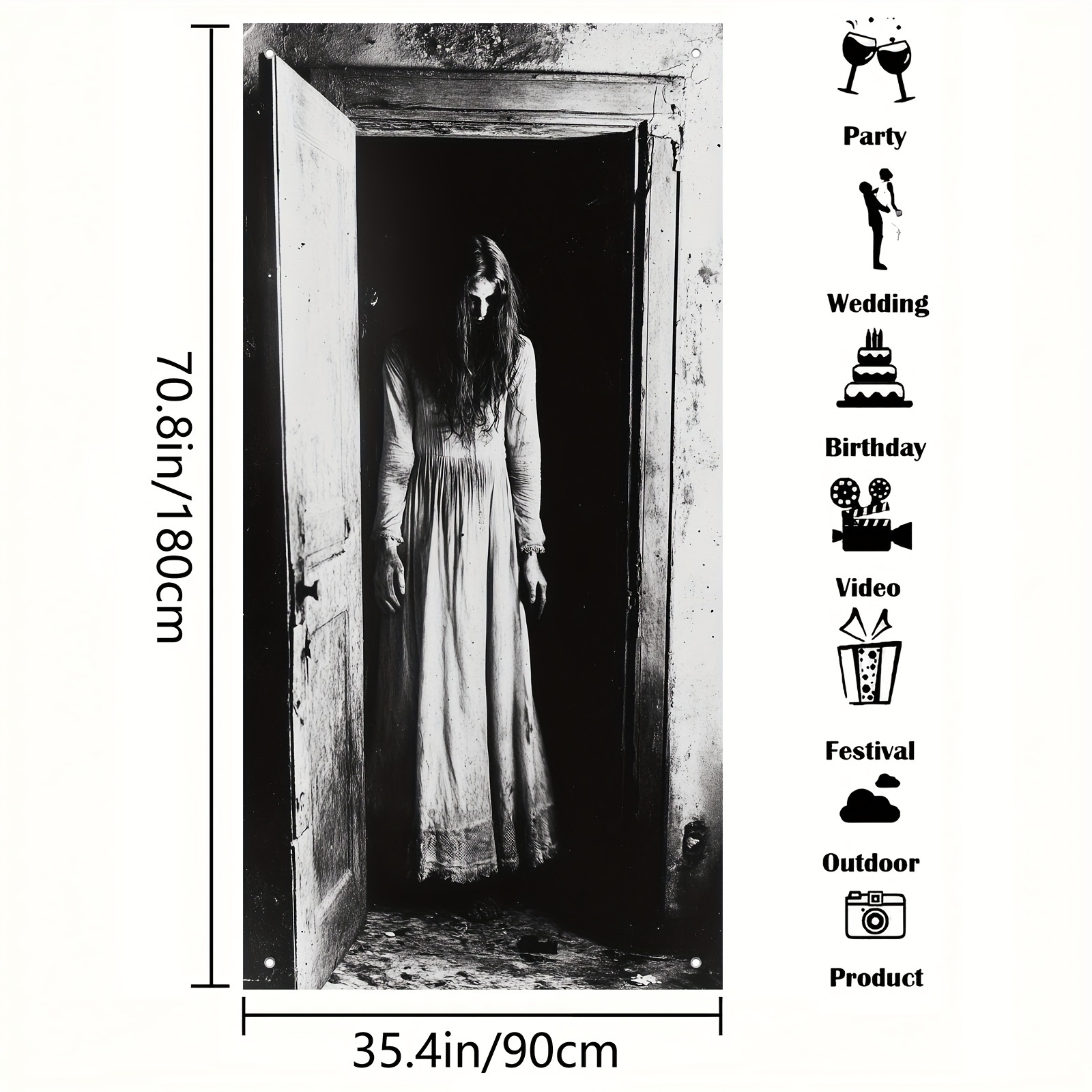 TEMU Spooky Haunted Door Cover - 35.4x70.8" Polyester Creepy Horror Decoration For Halloween, No Power Needed, Haunted House & Party Banners