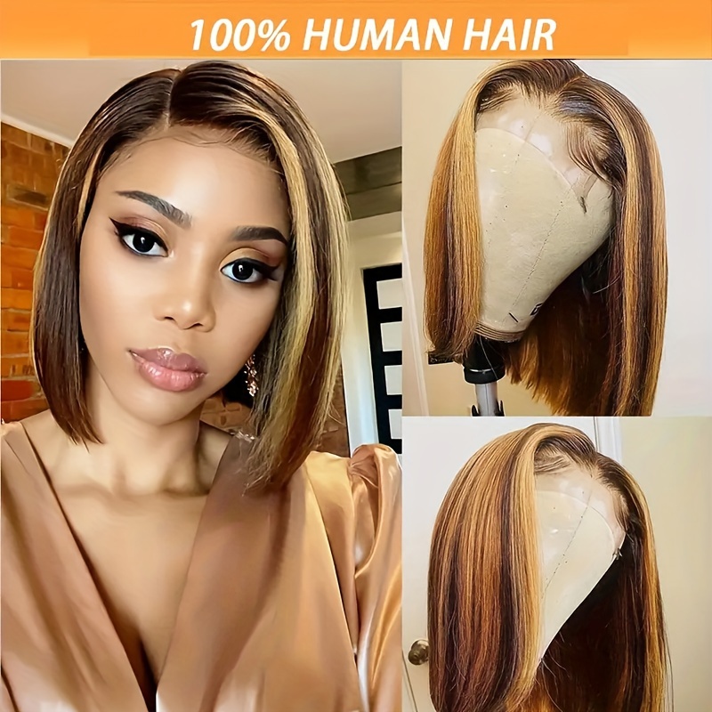 womens basic straight bob lace front wig 13x4 transparent lace with baby hair highlight honey blonde 150 density human hair wig for african american women details 0