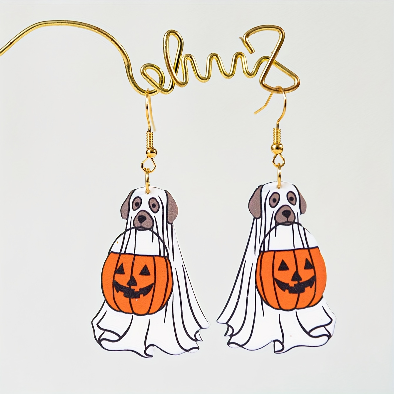 

Festive Cute Dog Ghost Earrings With Pumpkins - Handmade Acrylic Dangle Earrings For Women - Perfect For Halloween Parties And Gifts