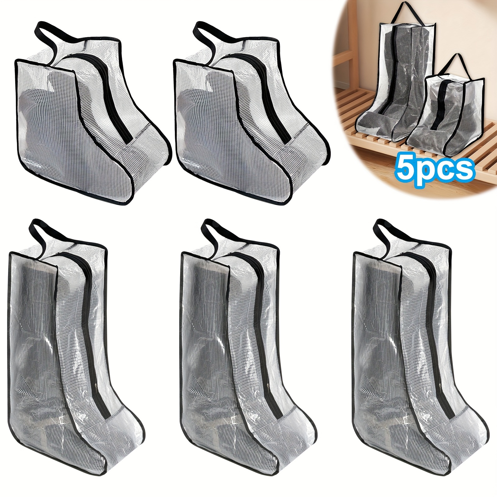 TEMU 5pcs Transparent Boot Storage Bags With Zippered Mesh & Durable Polyester, Hanging Travel Shoe Organizers For Home, Dorms, Or Suitcases,