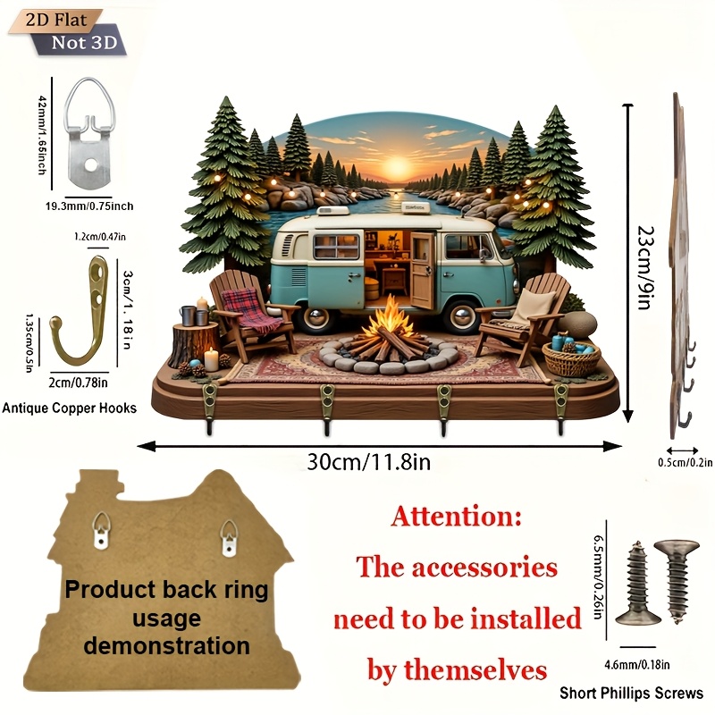 E-shop 2D Flat. 1 Stück. Schlüsselhaken im Camping-Stil - Multifunktionales dekoratives Schlüsselbrett aus Holz, mit vier Metallhaken, Wanddekoration,