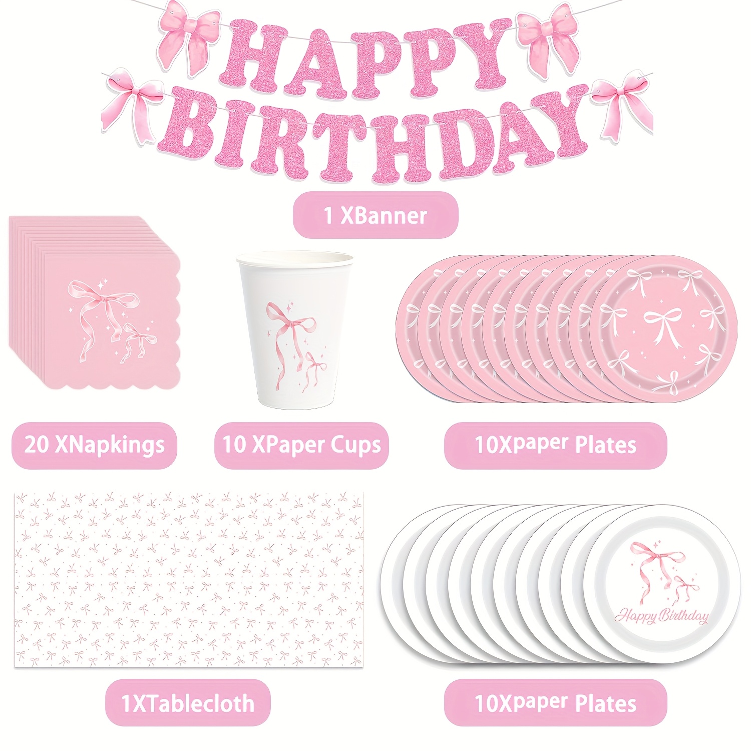 Image of Pink Bow Party Supplies Bow Birthday Party Plates And Napkin Tablecloth Pink Bow Party Decoration For Bachelorette Bridal Engagement Coquette Cute Tableware Table Cover Serve 10
