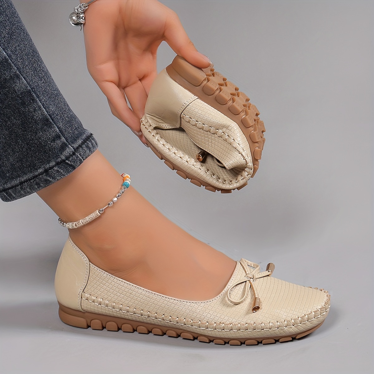 Solid Color Bow Flat Women's Shoes, Comfortable Slip-On Loafers