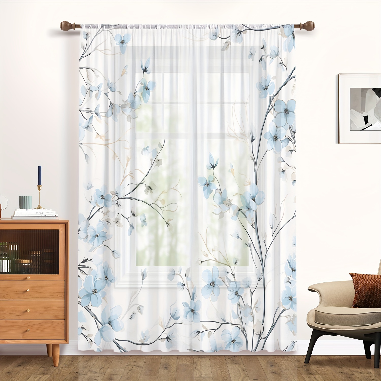 

1pc, Small Flowers And Leaves Window Curtain, Suitable For Living Room, Bedroom, Dining Room, , Office, Gym, Kitchen, Study And Home Decoration Curtain, Semi-transparent Gauze Curtain