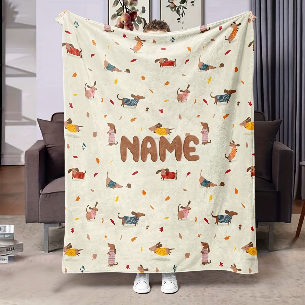 

Personalized Contemporary Cartoon Dachshund Print Flannel Throw Blanket, Customizable Name, Soft Warm Office Living Room Nap Air Conditioner Cozy Wrap – Digital Printing, Polyester, All – 1pc