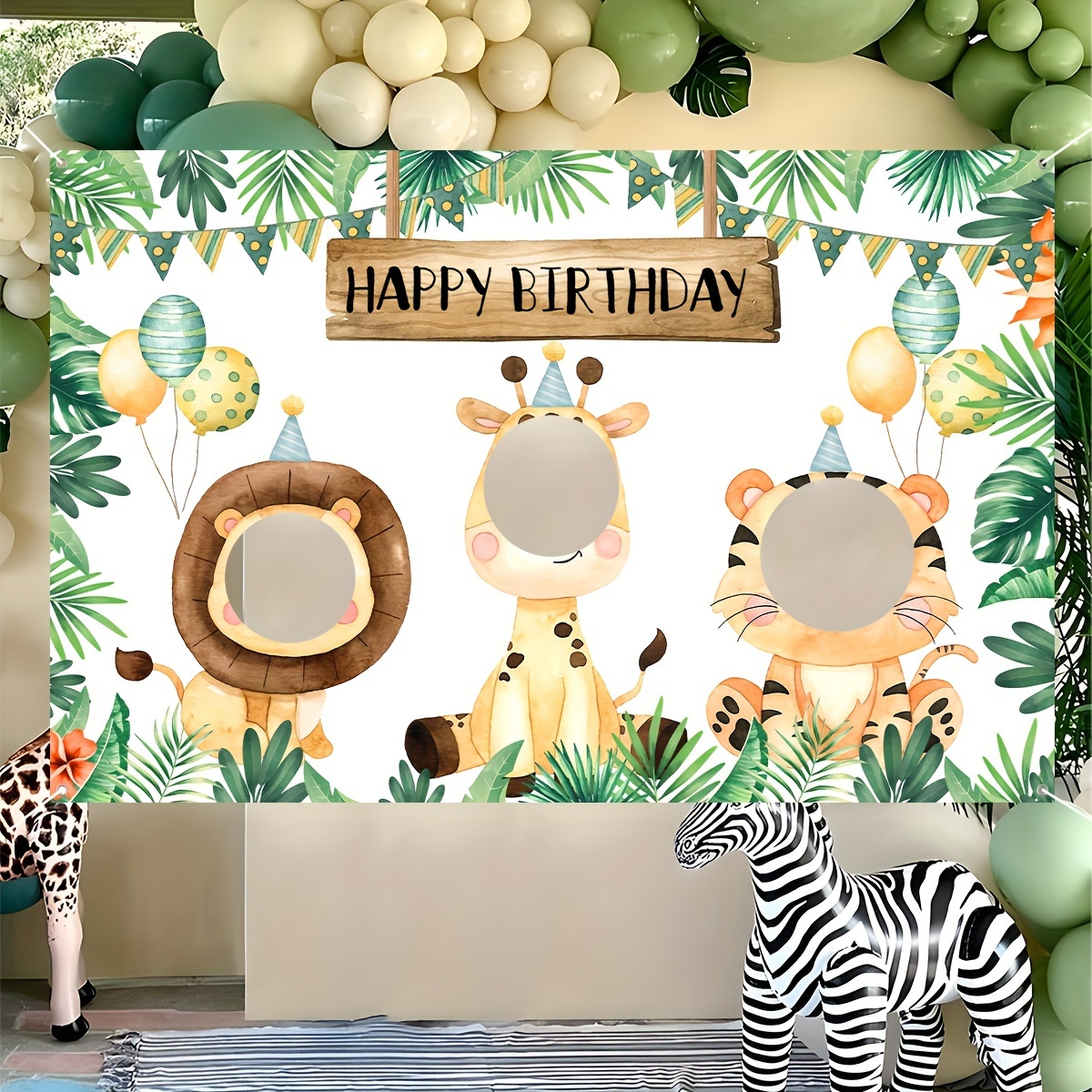 

1pc Birthday Party Backdrop - Vibrant Wildlife Photo Booth Background With Banner, Featuring Cartoon , Tigers & Giraffes - Polyester, No Power Needed - Ideal For ' -themed Celebrations