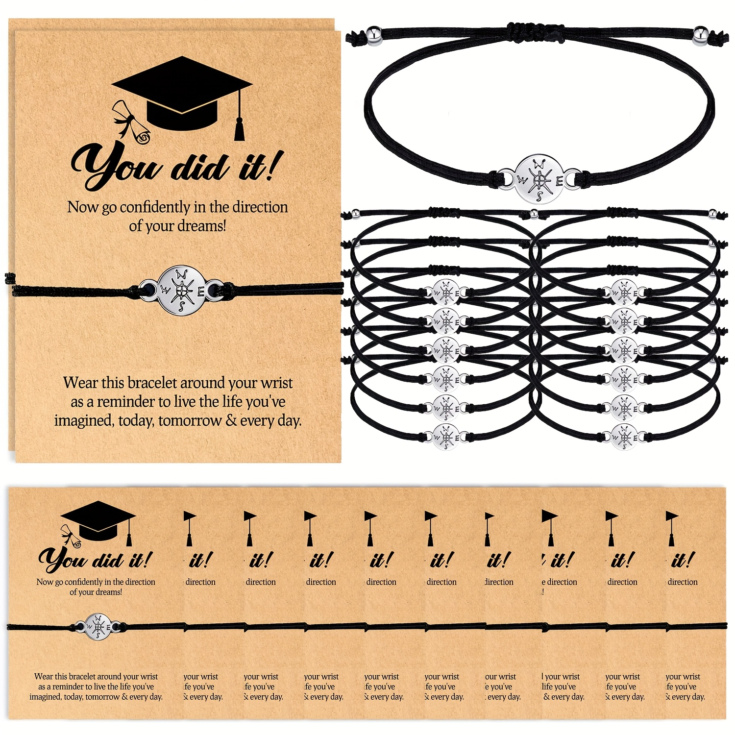 TEMU 12pcs Compass Bracelet Graduation Season Gift For Family Student High School College Graduation Gift Graduation Party Gift With Card Hand-woven