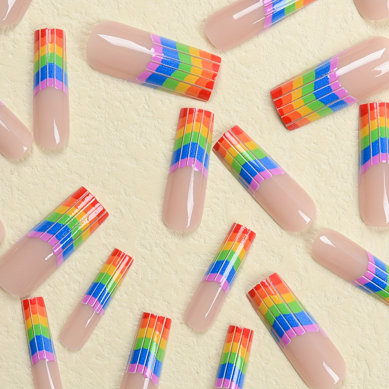 summer press on nails rainbow french style fake nails long ballet false nails personality cool acrylic nails details 2