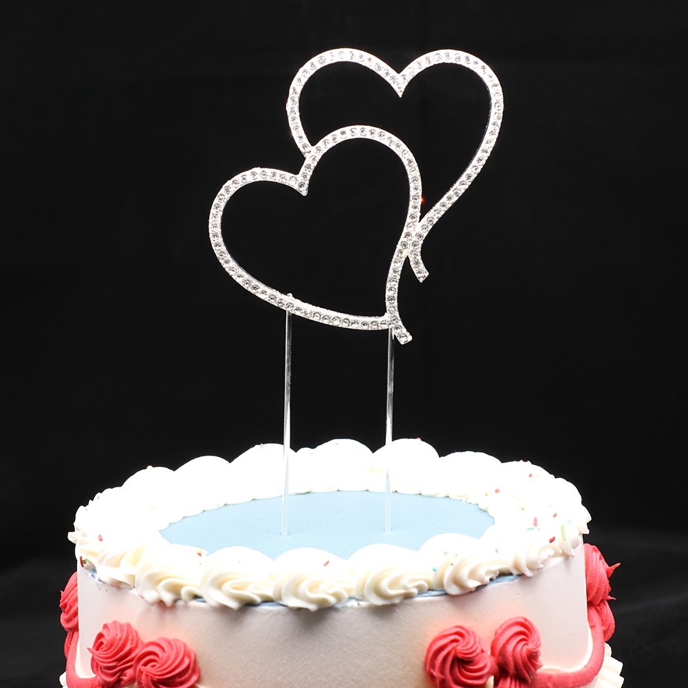 

Double Heart Rhinestone Cake Topper - Metal Alloy Cake Decorating Fork For Wedding, Birthday, Anniversary, Valentine's Day, Mother's Day - No Electricity Needed, Featherless