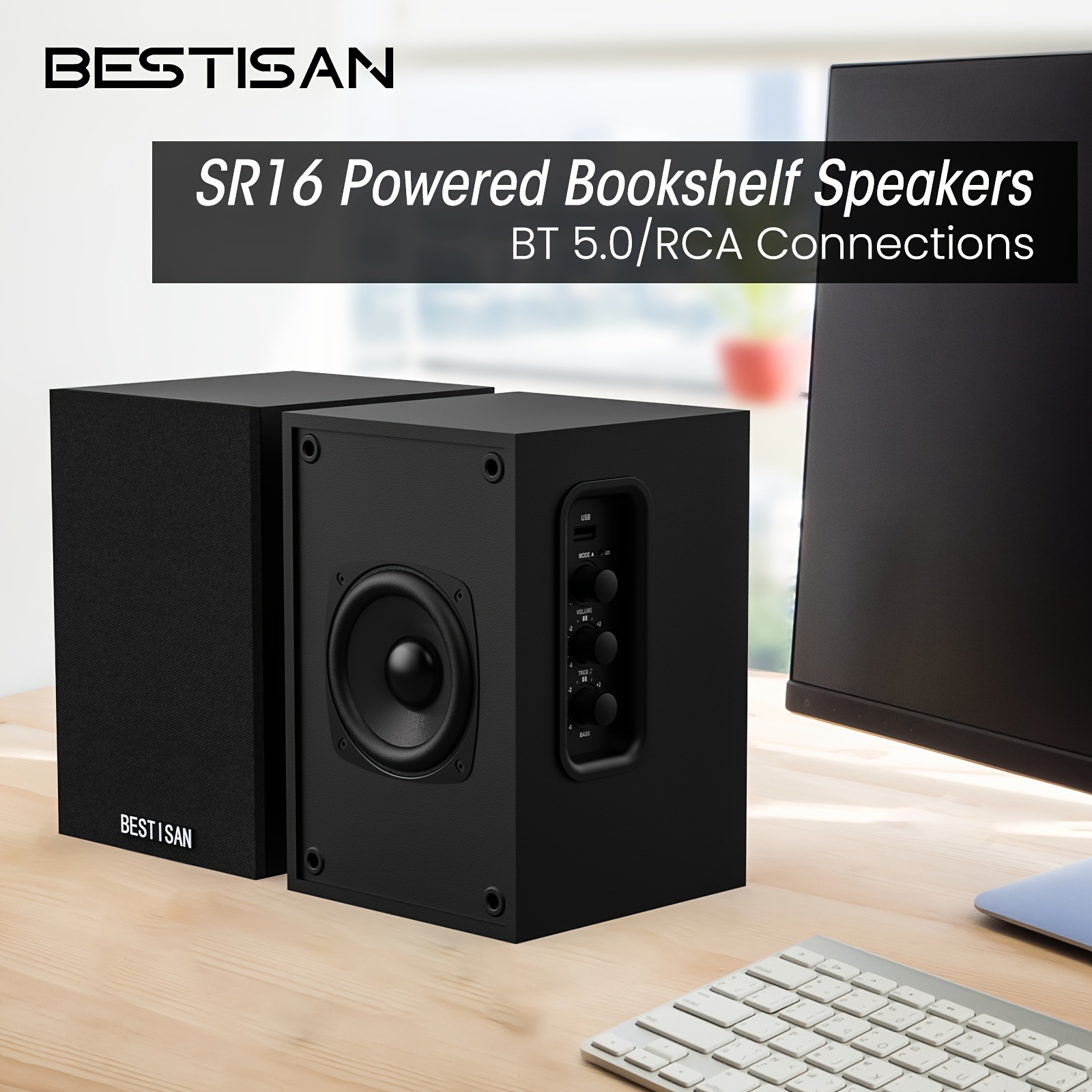 

Bestisan Bt 5.0 Bookshelf Speakers, Powered Speakers With 3.5 Inch Full-range Horn, Powerful Speakers For Tv/pc/turntable, Speaker With Rca/usb