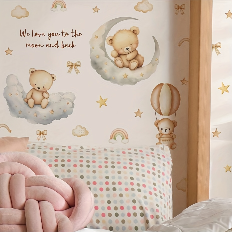 1pc Boho Bear Clouds Wall - Pvc Vinyl Decal Suitable For,, Room Decor - Irregular Bear & Cloud Cutouts, Application, Removable Temporary Art