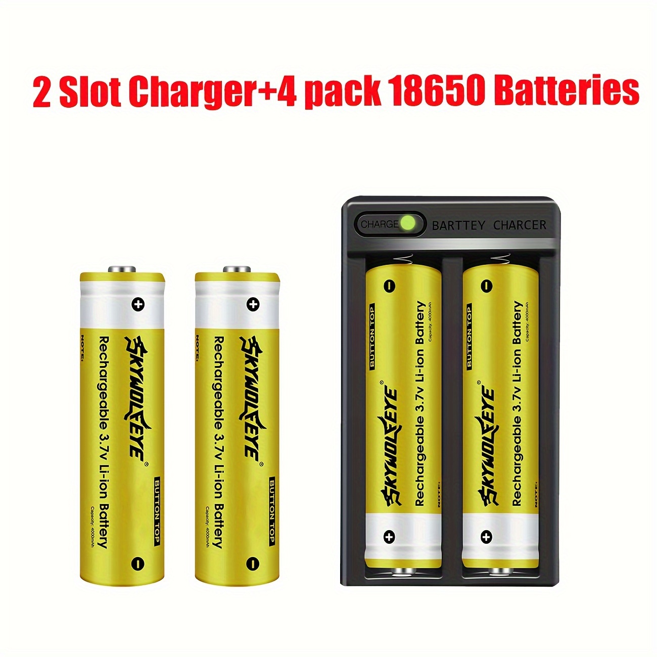 

4 Pack 18650 Rechargeable Battery, Button Top With 18650 Battery Charger, 18650 2-slot Smart Battery Charger For 3.7v Rechargeable Batteries