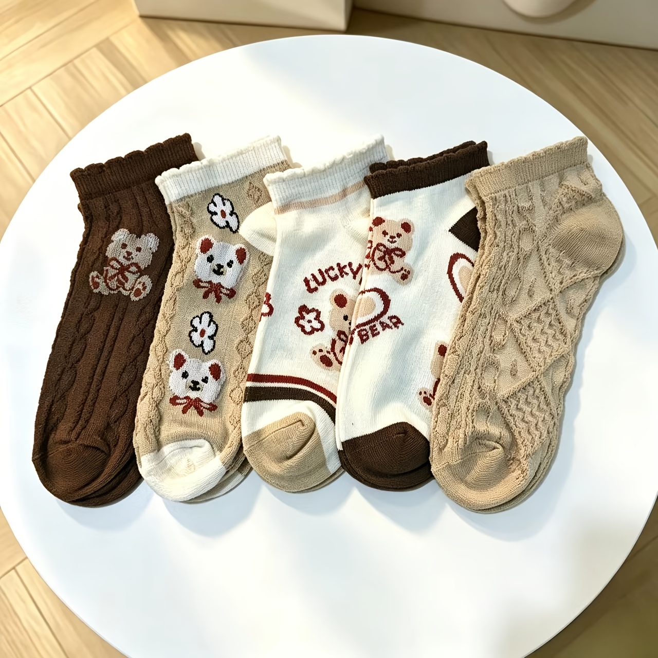 TEMU 5 Pairs Of Women's Spring And Summer New Bear Socks Shallow Socks Cute Japanese Sweet Lace Socks Boat Socks