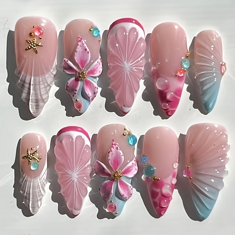 TEMU 10pcs Almond-shaped Long Press-on Nail Pieces, Sweet And Pink Contrasting Three-dimensional Carved Flower Shells, Suitable For Women And To Wear